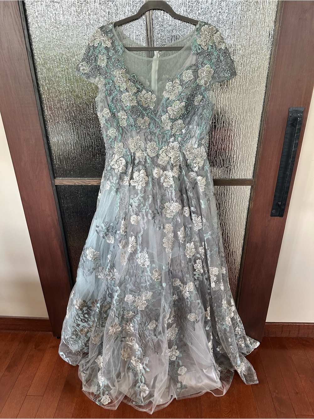 Mac Duggal Steel Blue and Silver Floral Embroidered Maxi Gown - Picture 7 of 14